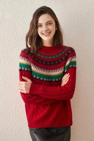 100 Cashmere Chunky Cable Knit Fair Isle Christmas Sweater