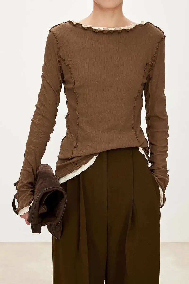 100 Cotton Ribbed Knit Boat Neck Lettuce Trim Slim Fit Top