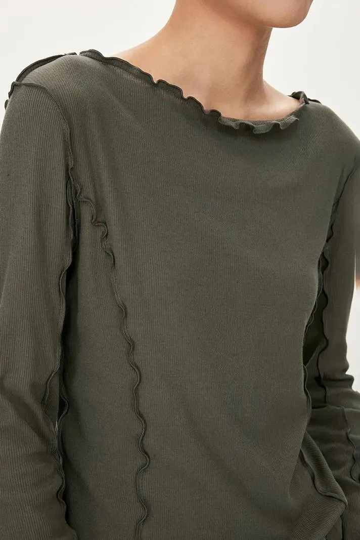 100 Cotton Ribbed Knit Boat Neck Lettuce Trim Slim Fit Top