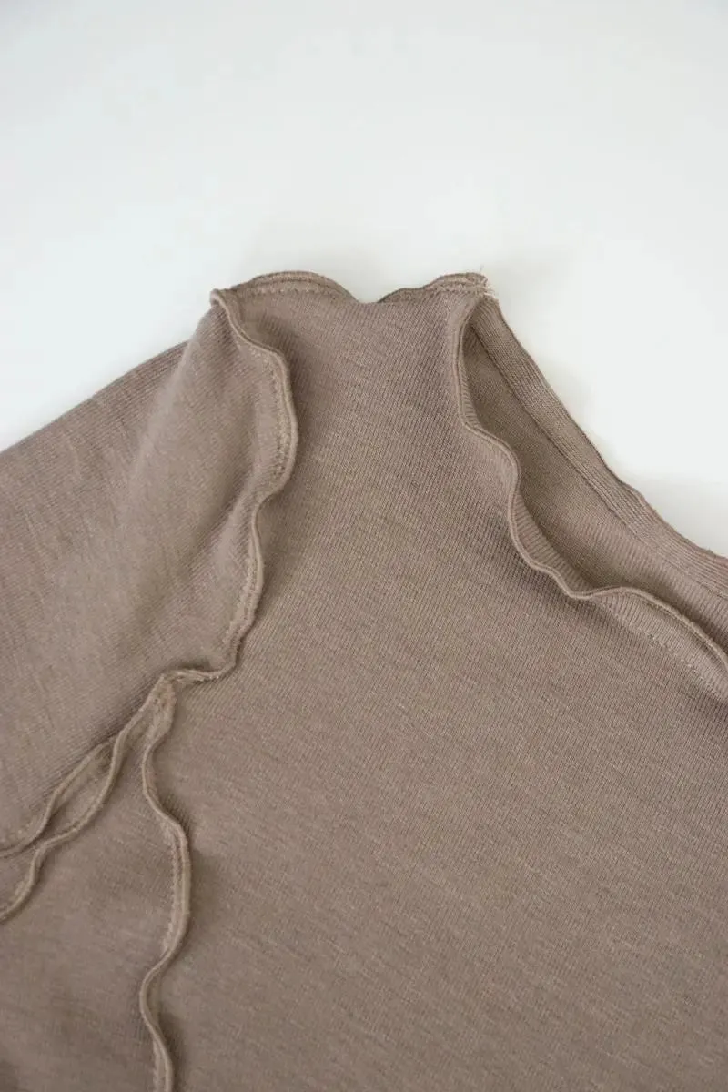 100 Cotton Ribbed Knit Boat Neck Lettuce Trim Slim Fit Top