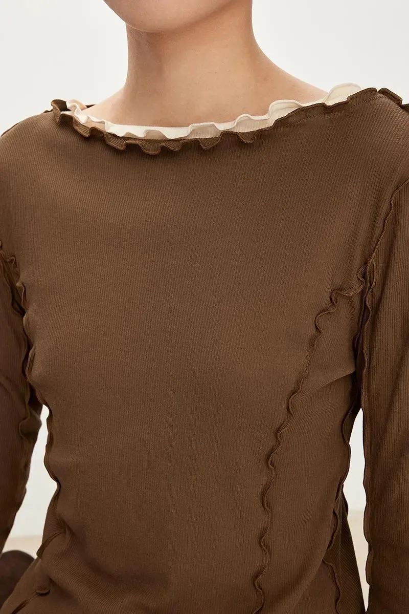 100 Cotton Ribbed Knit Boat Neck Lettuce Trim Slim Fit Top