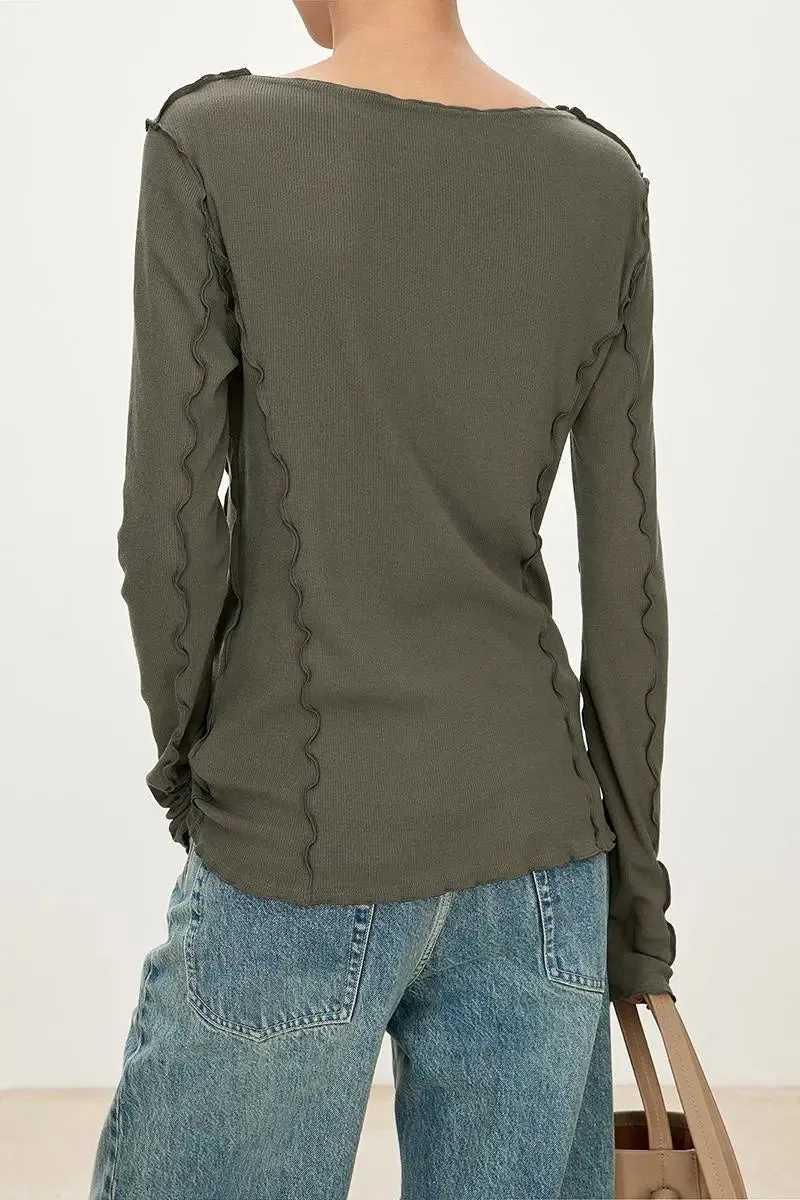 100 Cotton Ribbed Knit Boat Neck Lettuce Trim Slim Fit Top
