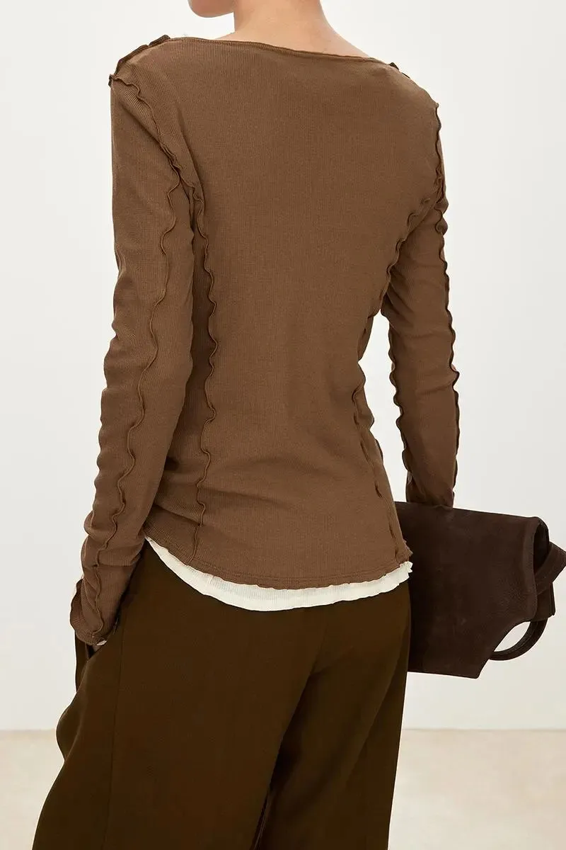 100 Cotton Ribbed Knit Boat Neck Lettuce Trim Slim Fit Top