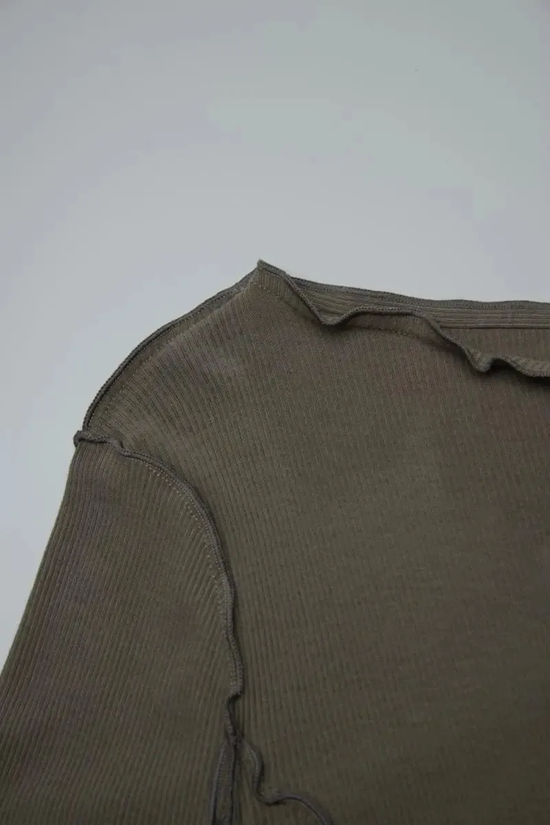 100 Cotton Ribbed Knit Boat Neck Lettuce Trim Slim Fit Top