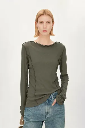 100 Cotton Ribbed Knit Boat Neck Lettuce Trim Slim Fit Top