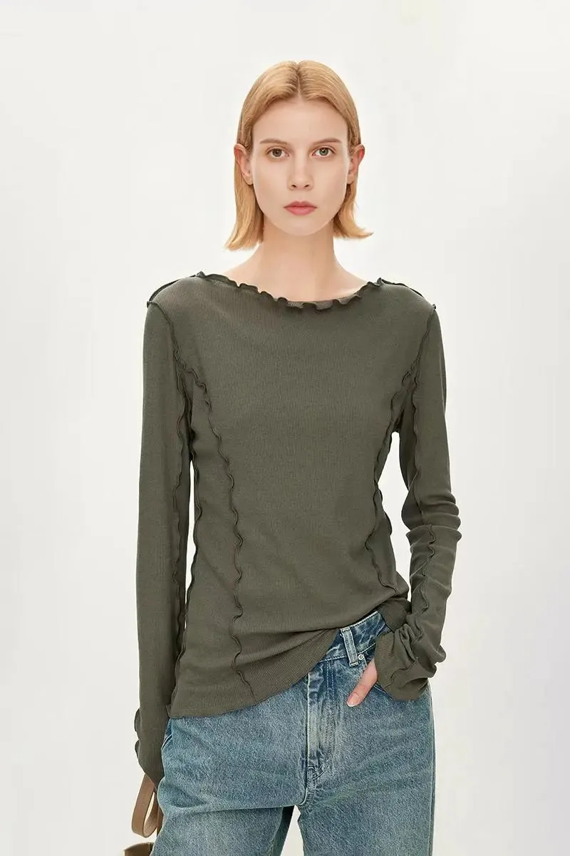 100 Cotton Ribbed Knit Boat Neck Lettuce Trim Slim Fit Top