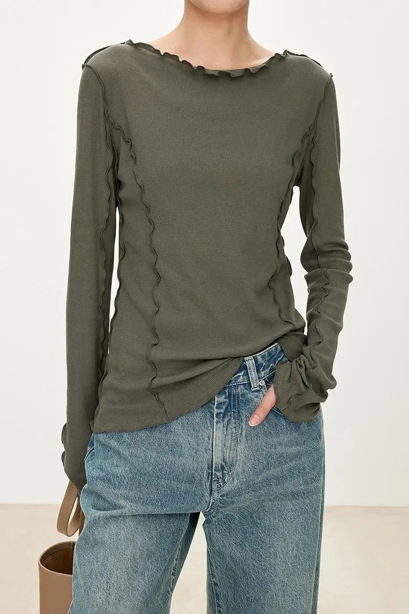 100 Cotton Ribbed Knit Boat Neck Lettuce Trim Slim Fit Top