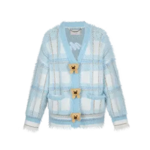 13DE MARZO Bear Button Plaid Knit Cardigan