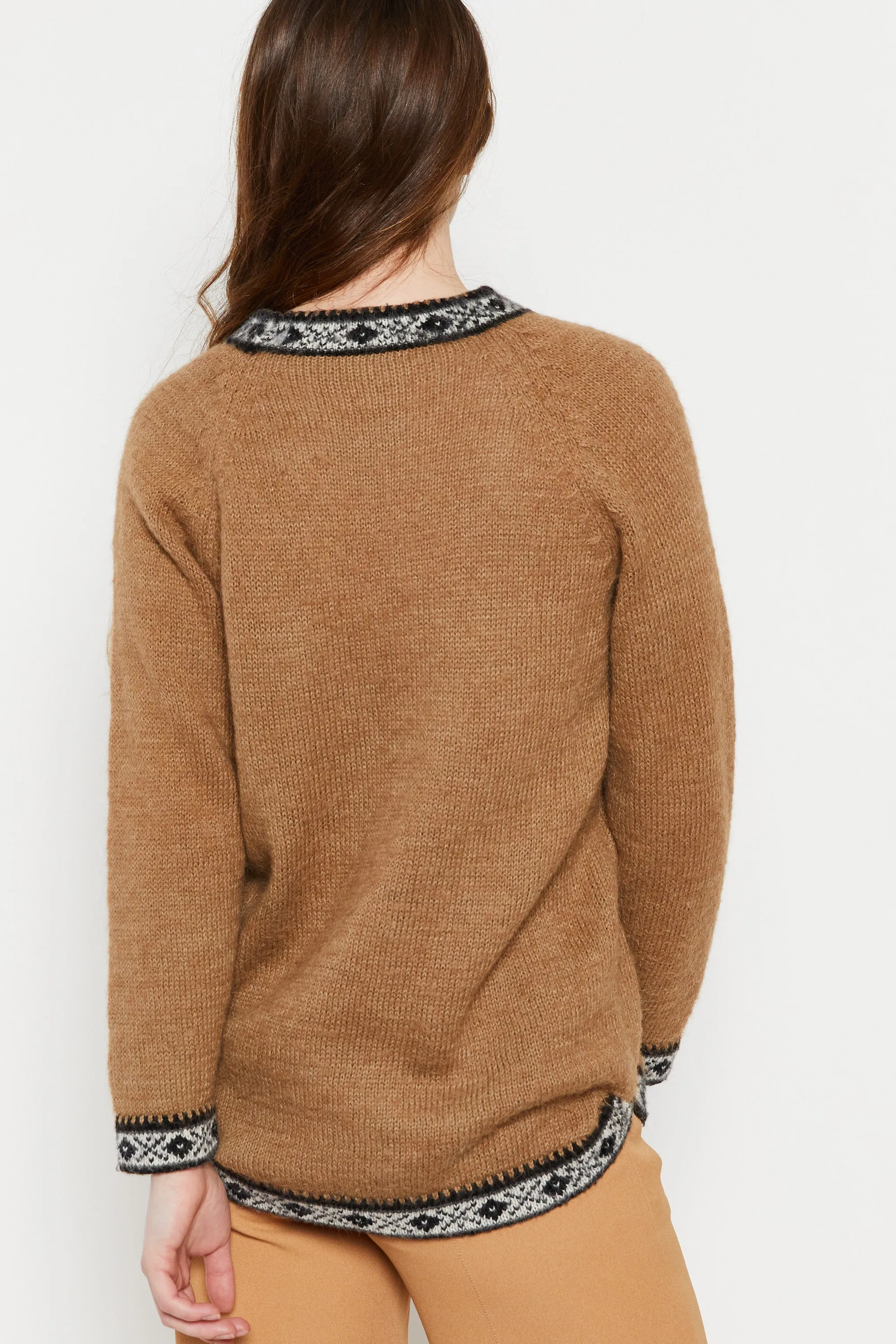 70s Tan Print Trim Mohair Sweater M
