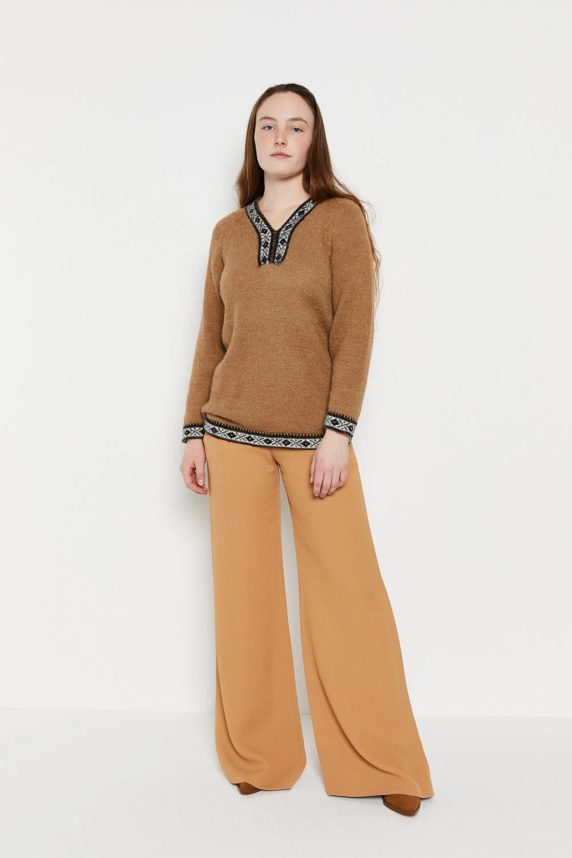 70s Tan Print Trim Mohair Sweater M