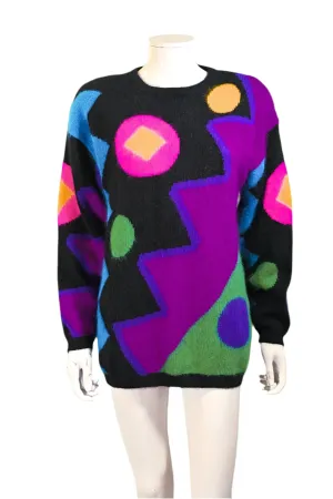 80s New Wave Sweater, Bright Playful Geometric Patterns M