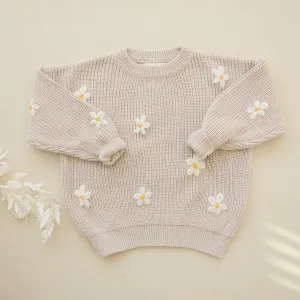 Beige Daisy Hand Embroidered Sweater
