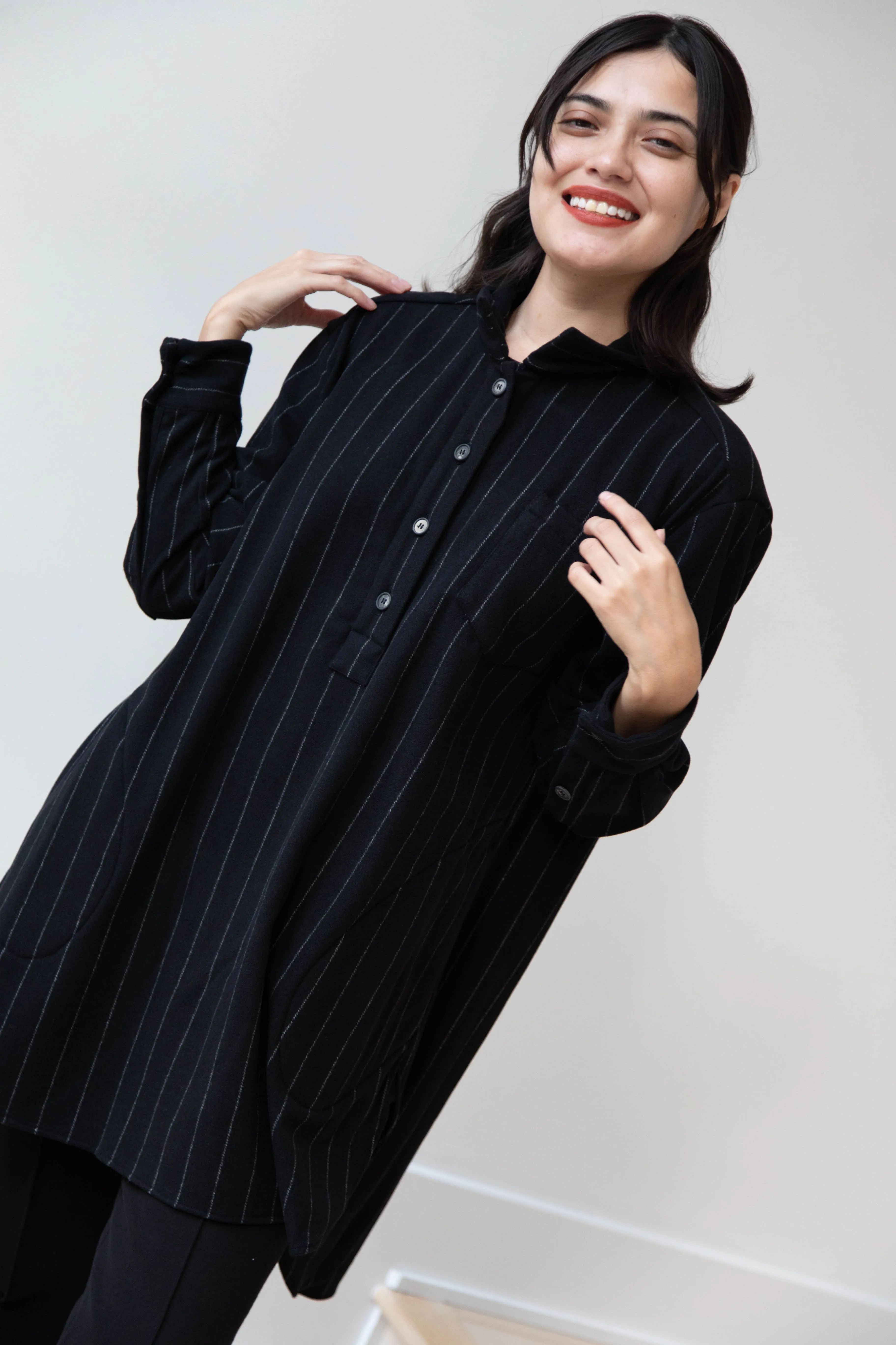 Bergfabel | Tania Shirt in Black Pin Stripe Cashmere