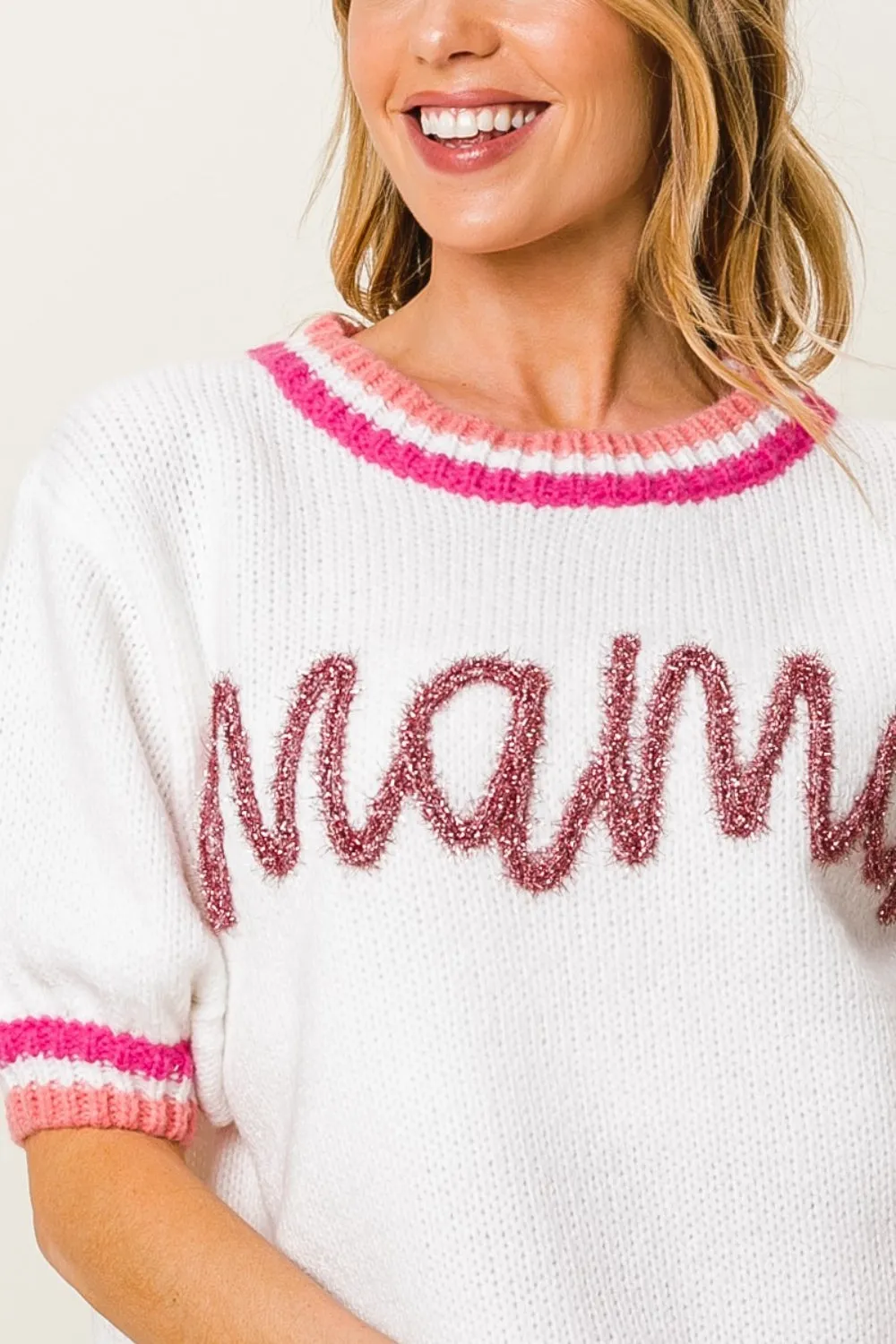Blue Zone Planet |  BiBi MAMA Contrast Trim Short Sleeve Sweater