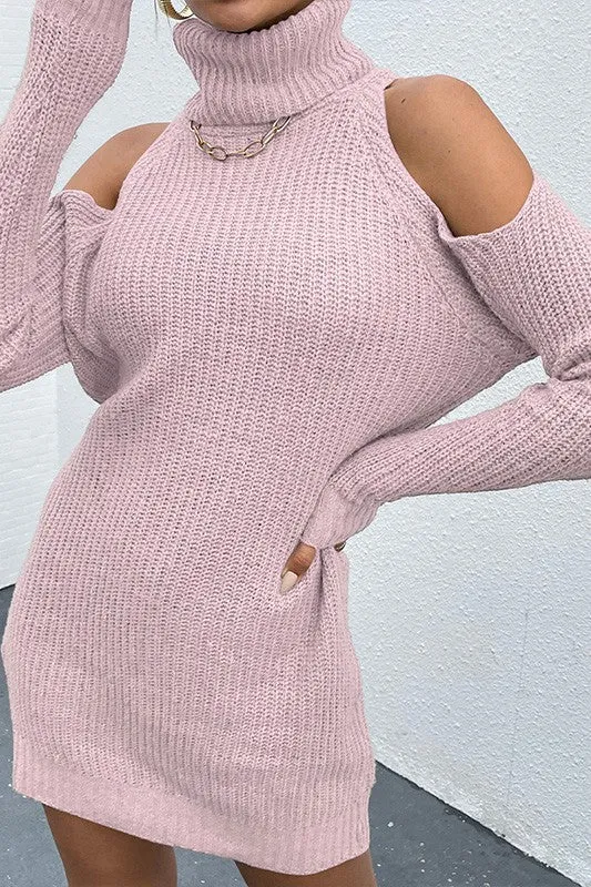 Blue Zone Planet |  Pink Black Turtleneck Cold-Shoulder Sweater Dress