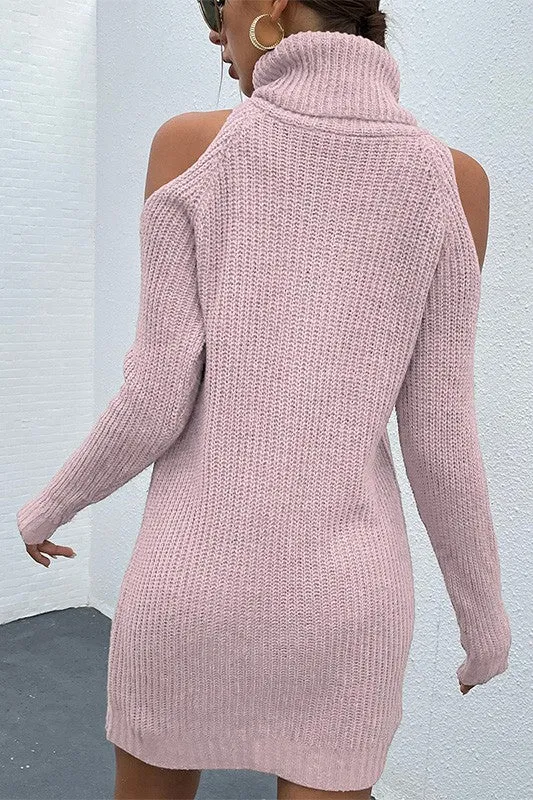 Blue Zone Planet |  Pink Black Turtleneck Cold-Shoulder Sweater Dress