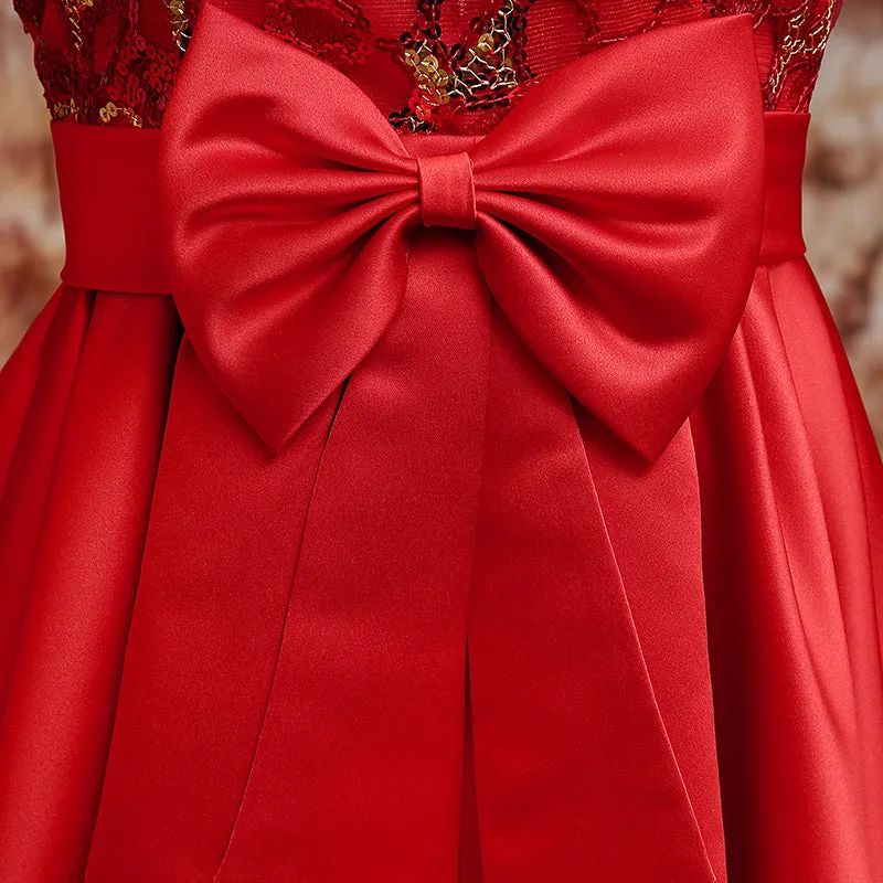 Brocade Top Satin Skirt Chinese Wedding Party Dress with Fur Neck & Cuff