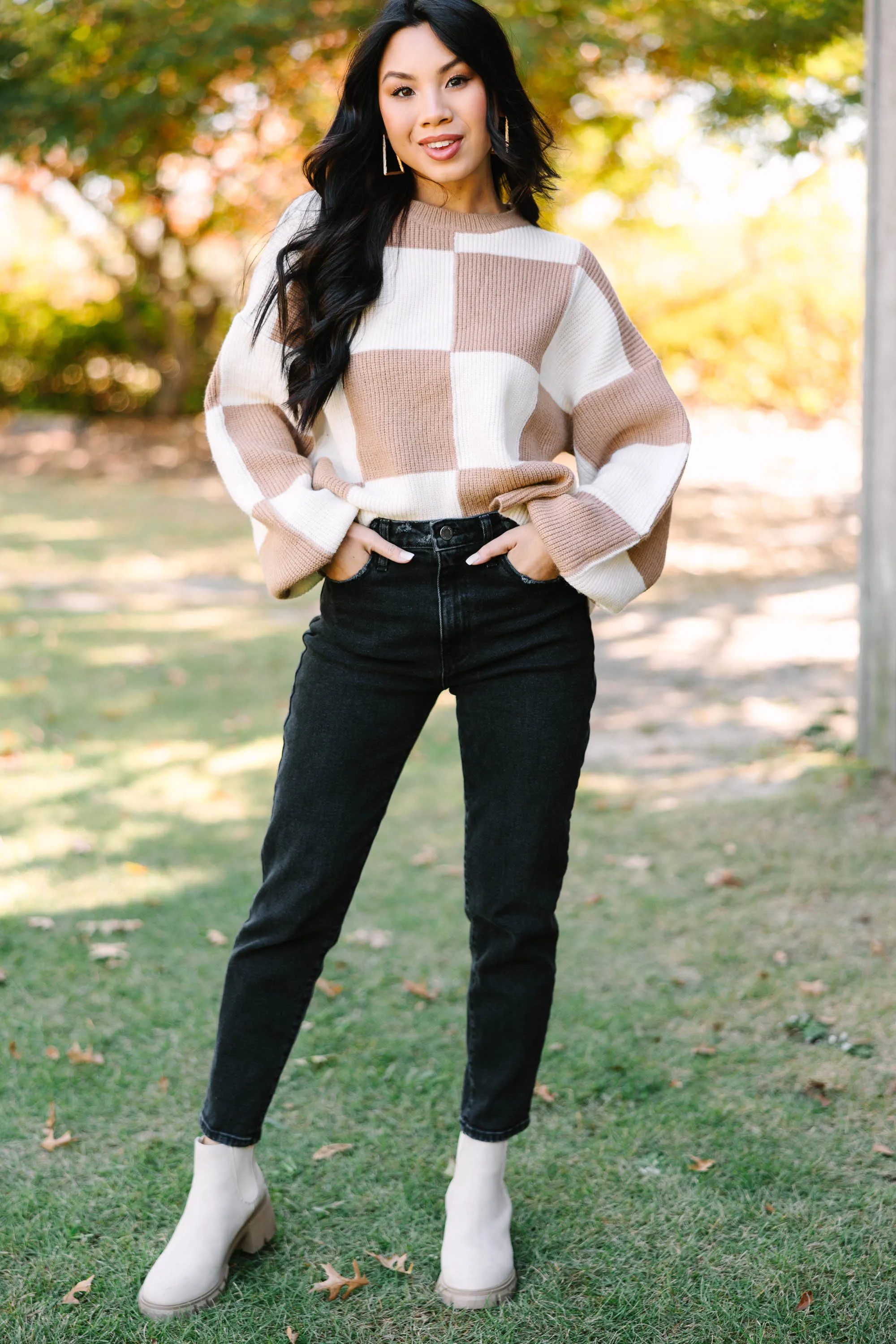 Can't Move On Tan Brown Checkered Sweater