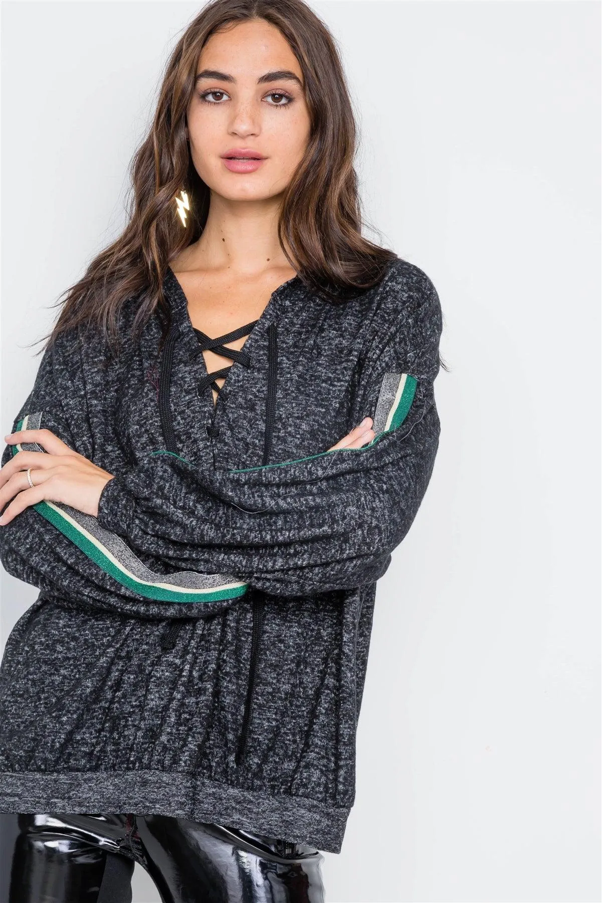 Charcoal Lace Up Long Sleeve Soft Sweater /2-2-2
