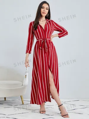 Clasi Striped Print Belted Shirt Dress