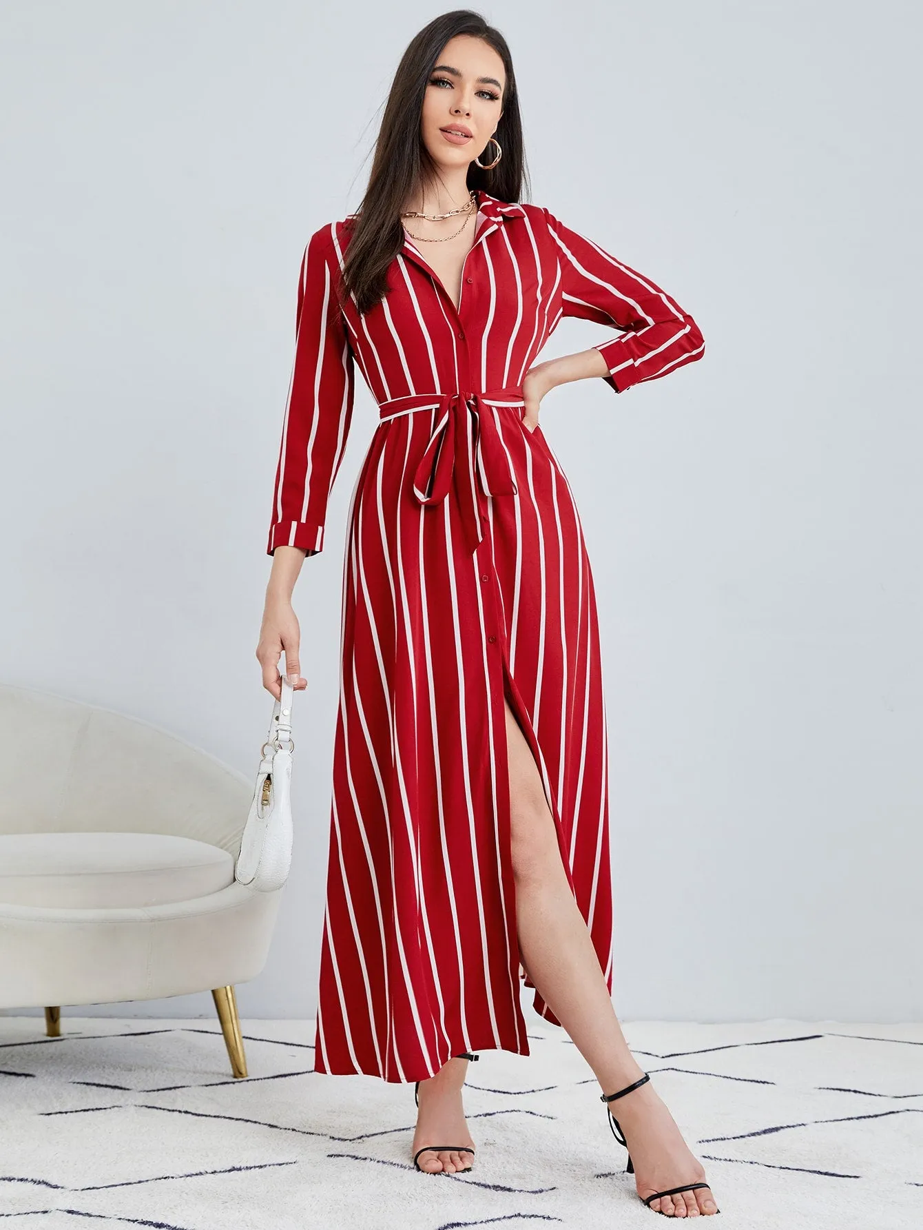 Clasi Striped Print Belted Shirt Dress