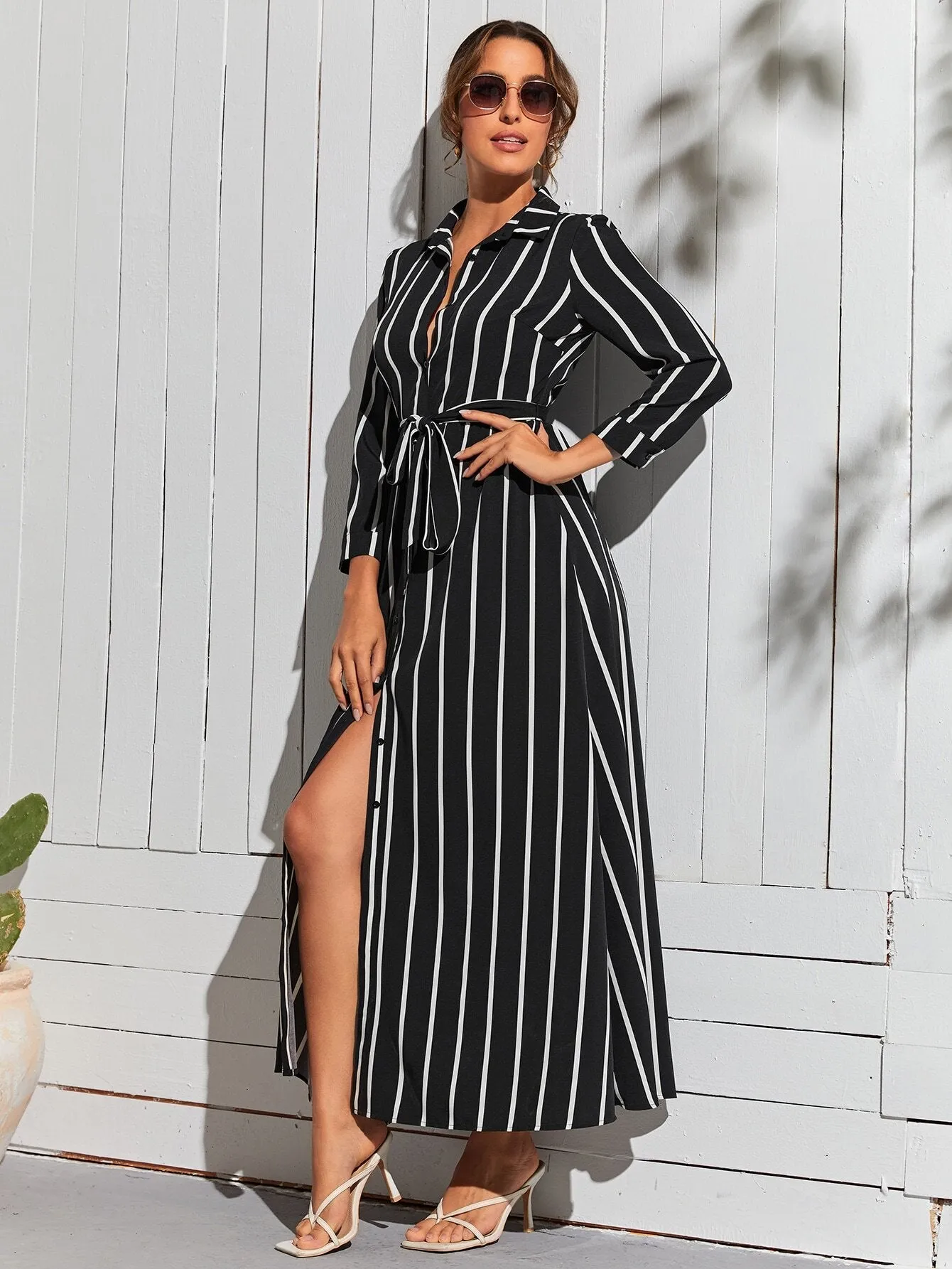 Clasi Striped Print Belted Shirt Dress