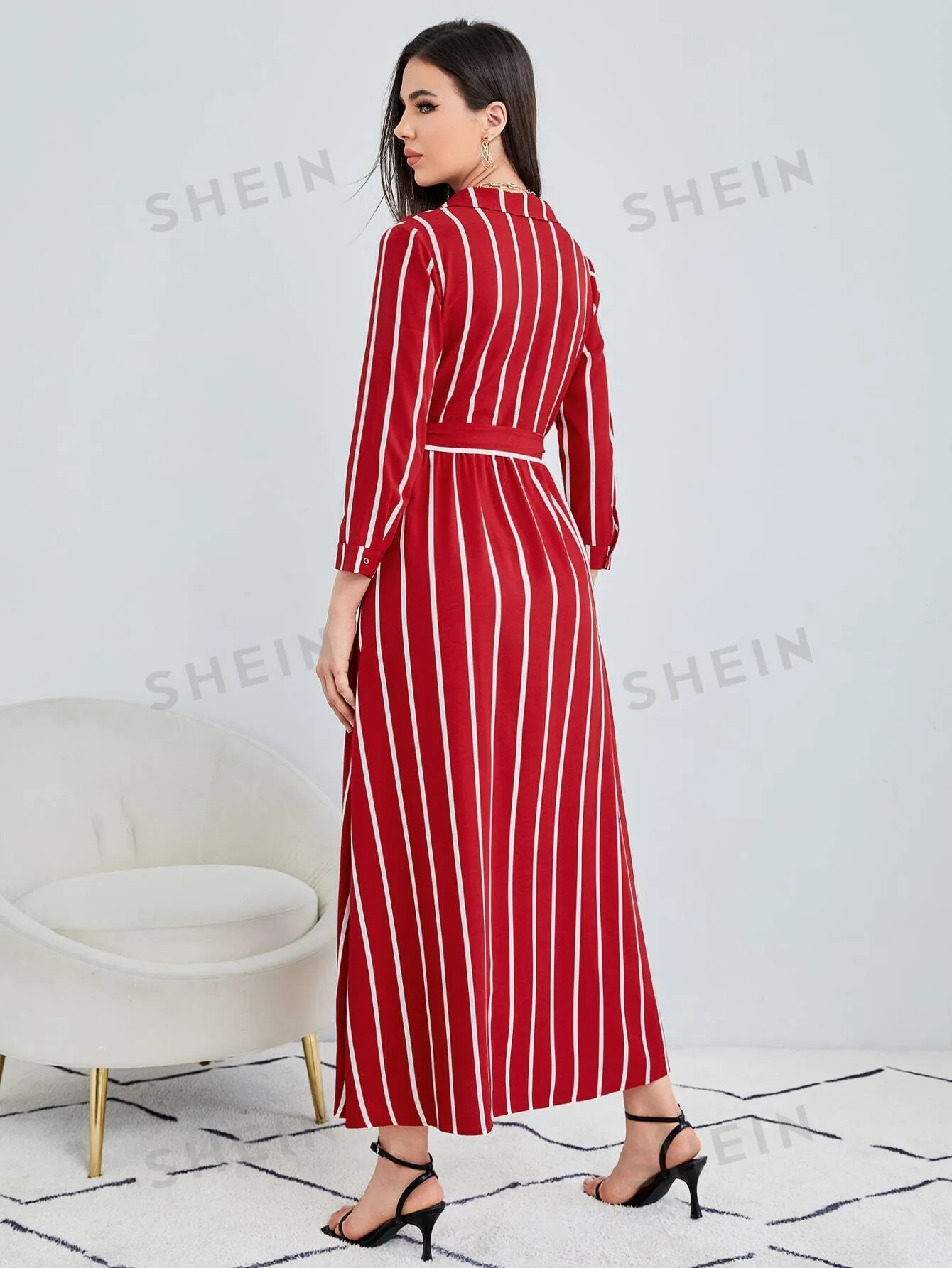 Clasi Striped Print Belted Shirt Dress