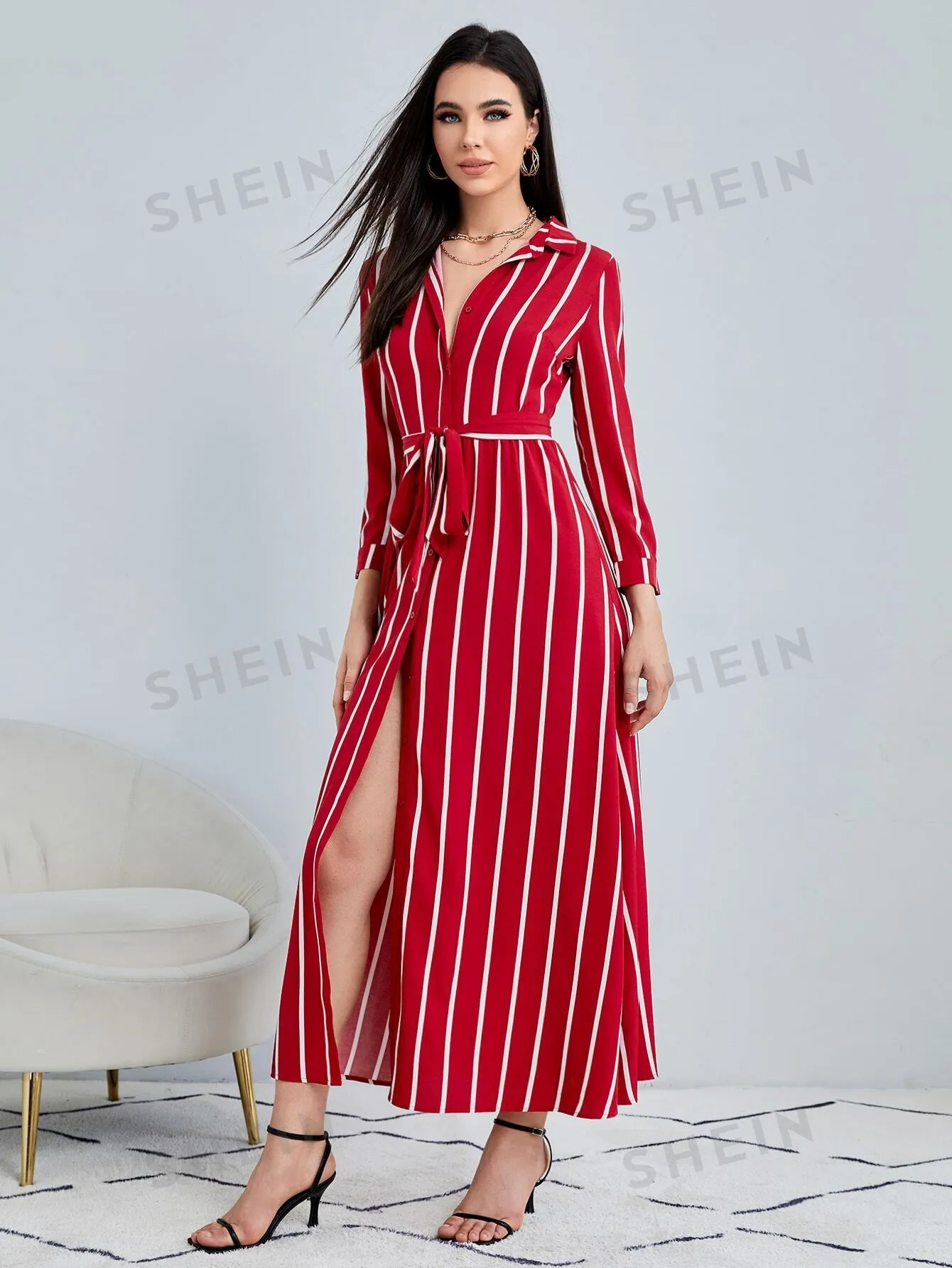 Clasi Striped Print Belted Shirt Dress