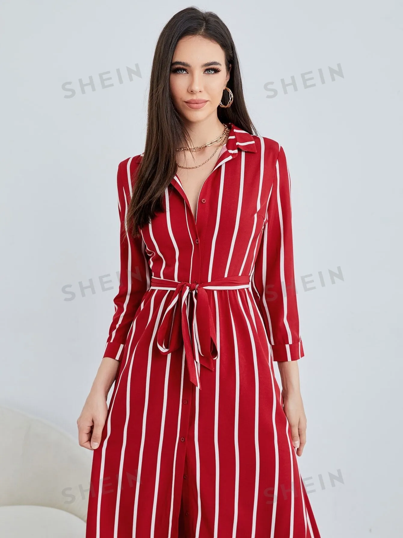 Clasi Striped Print Belted Shirt Dress
