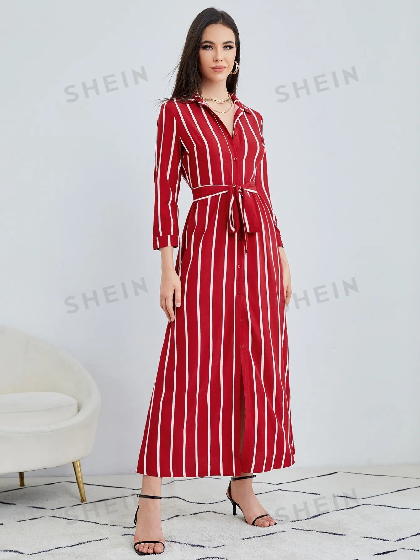 Clasi Striped Print Belted Shirt Dress