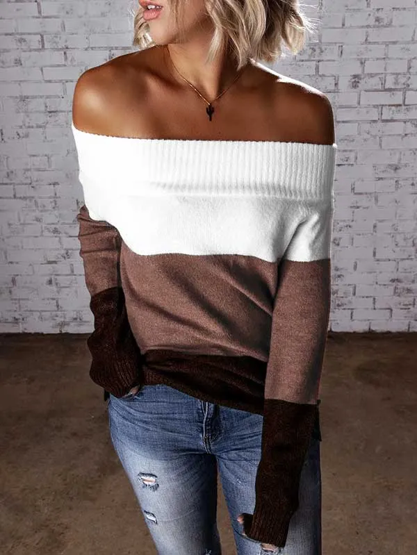 Color Block Knit Off Shoulder Sweater