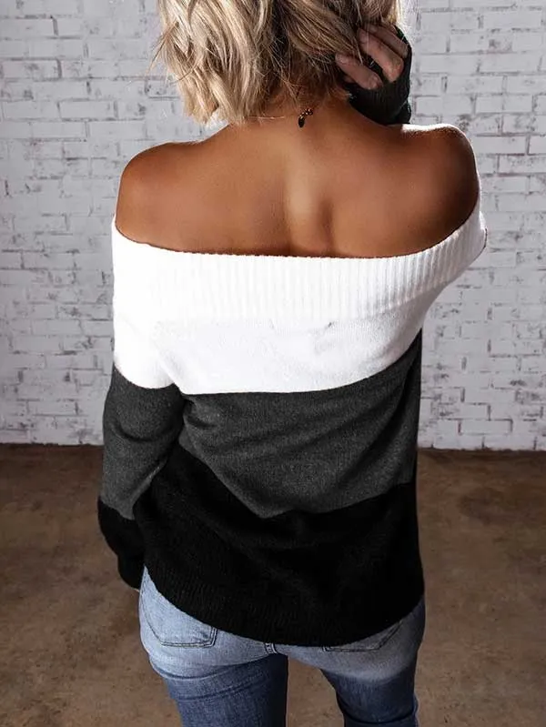 Color Block Knit Off Shoulder Sweater