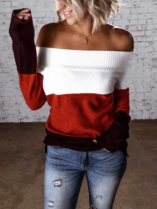 Color Block Knit Off Shoulder Sweater