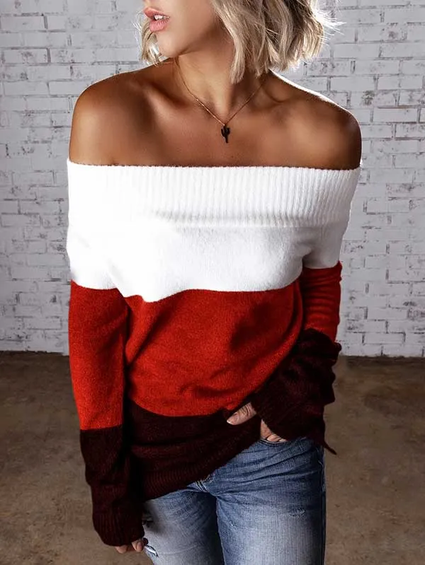 Color Block Knit Off Shoulder Sweater