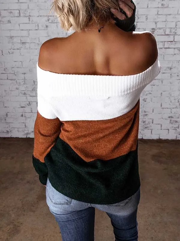Color Block Knit Off Shoulder Sweater