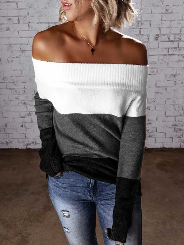 Color Block Knit Off Shoulder Sweater