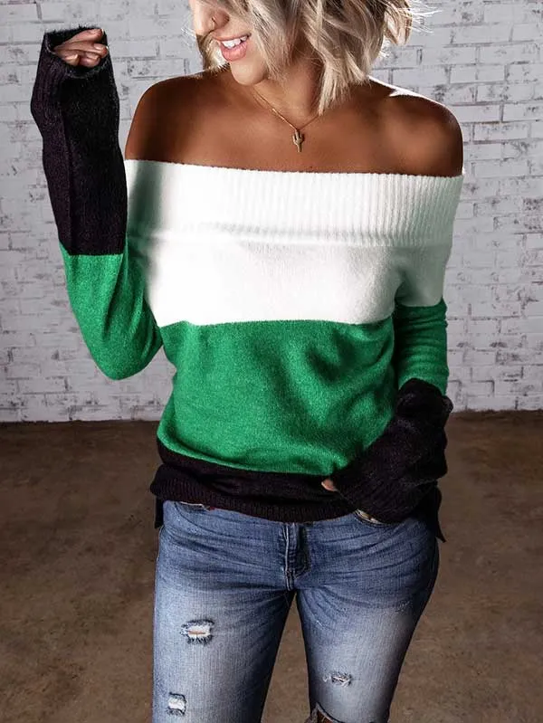 Color Block Knit Off Shoulder Sweater