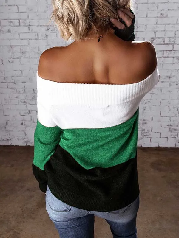 Color Block Knit Off Shoulder Sweater