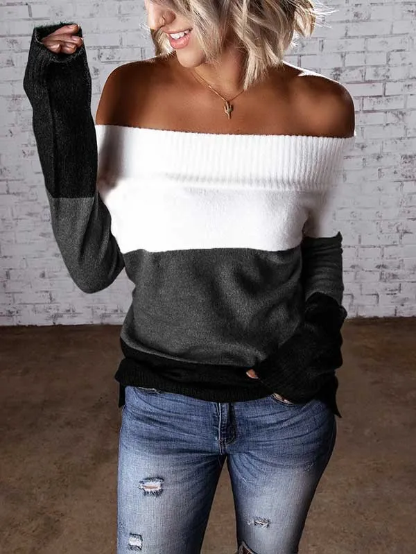 Color Block Knit Off Shoulder Sweater