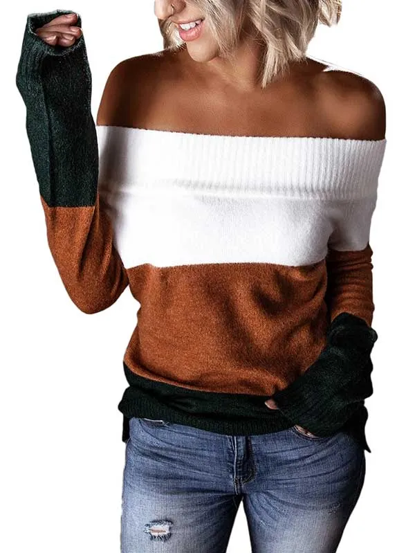 Color Block Knit Off Shoulder Sweater