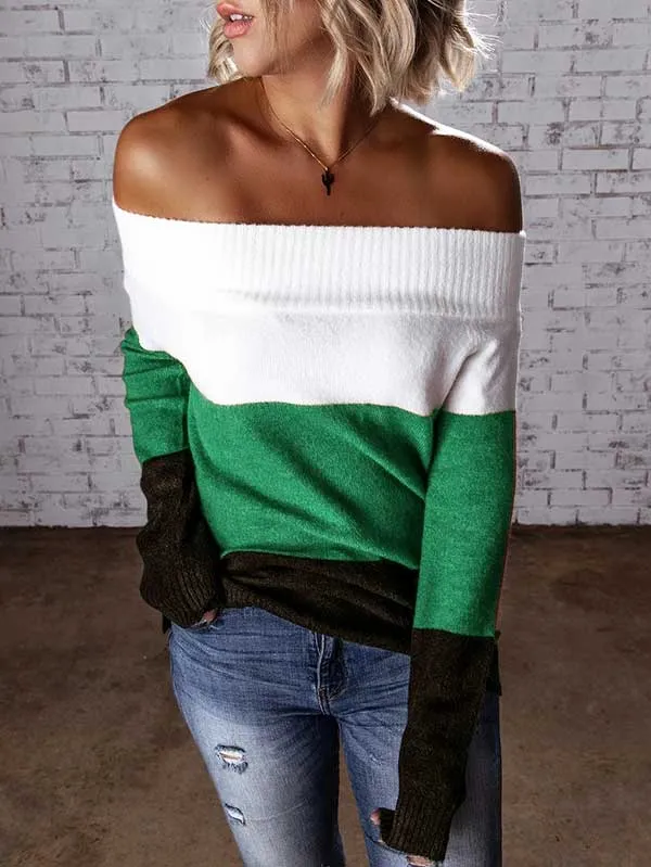 Color Block Knit Off Shoulder Sweater