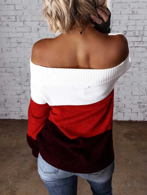 Color Block Knit Off Shoulder Sweater