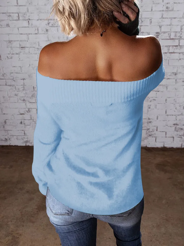 Color Block Knit Off Shoulder Sweater