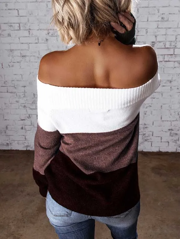 Color Block Knit Off Shoulder Sweater