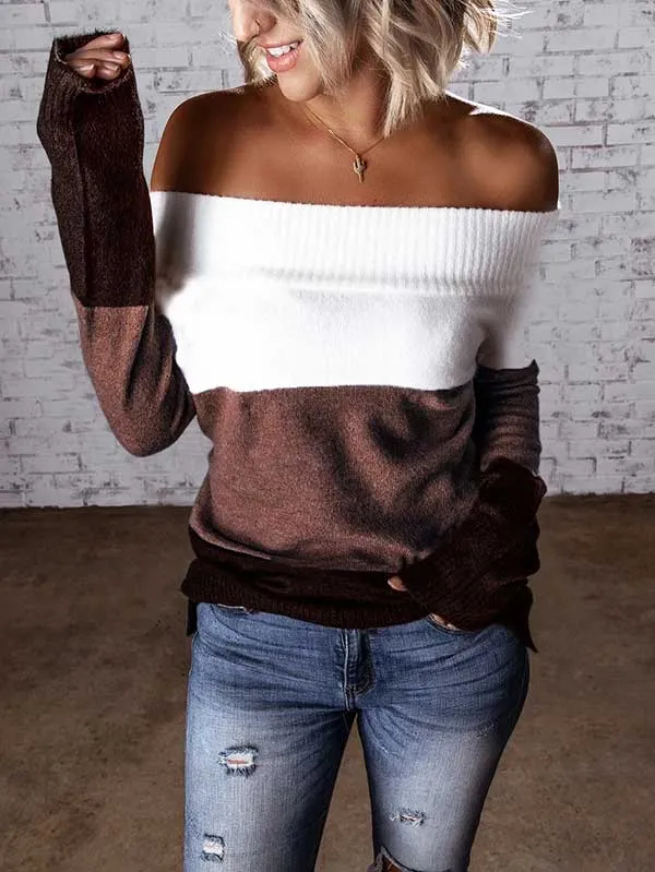 Color Block Knit Off Shoulder Sweater
