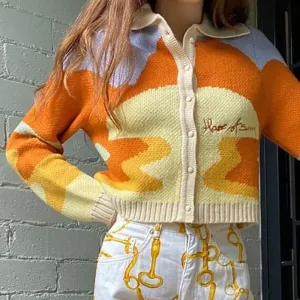 Colorful Knitted Sweater | Women Vintage Autumn Winter Sweater | long sleeve sweater Coat | Short Knitted Sweater | Sunshine Print Sweater