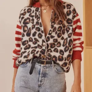 Combhasaki Women's Y2K Vintage Sweaters Aesthetic Striped Leopard Print Patchwork Button-down Round Neck Loose Fit Knitwear Coat