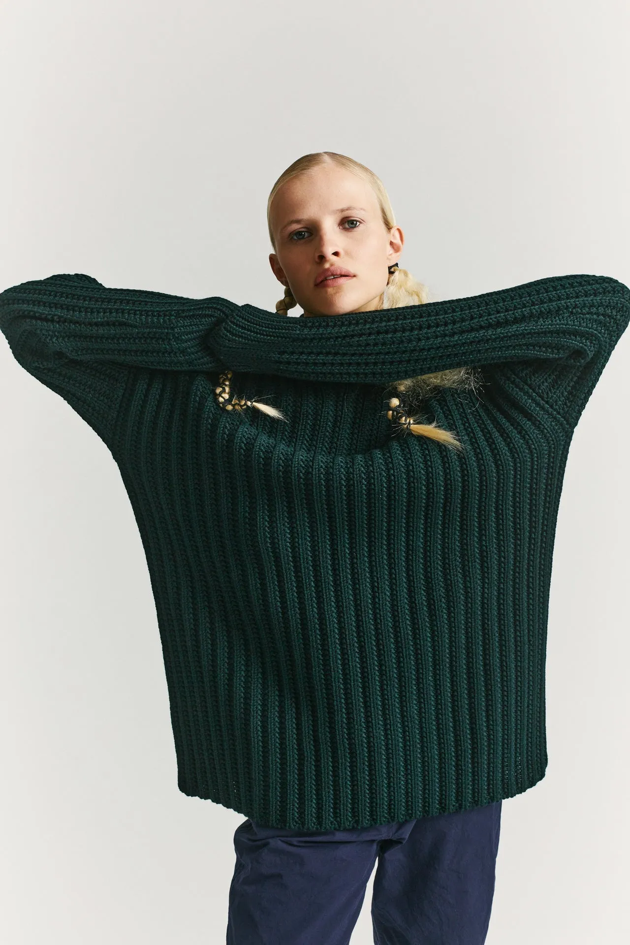 CREW NECK OPEN RIB SWEATER - WOOLY - GREEN