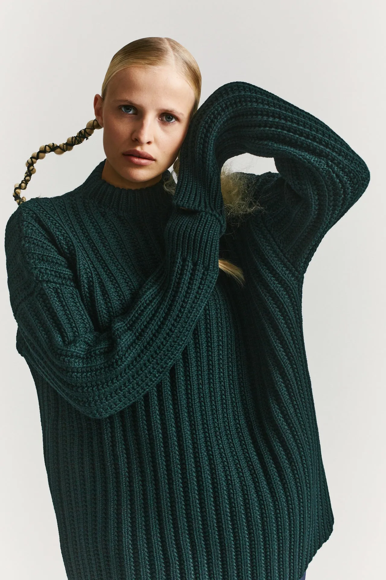 CREW NECK OPEN RIB SWEATER - WOOLY - GREEN