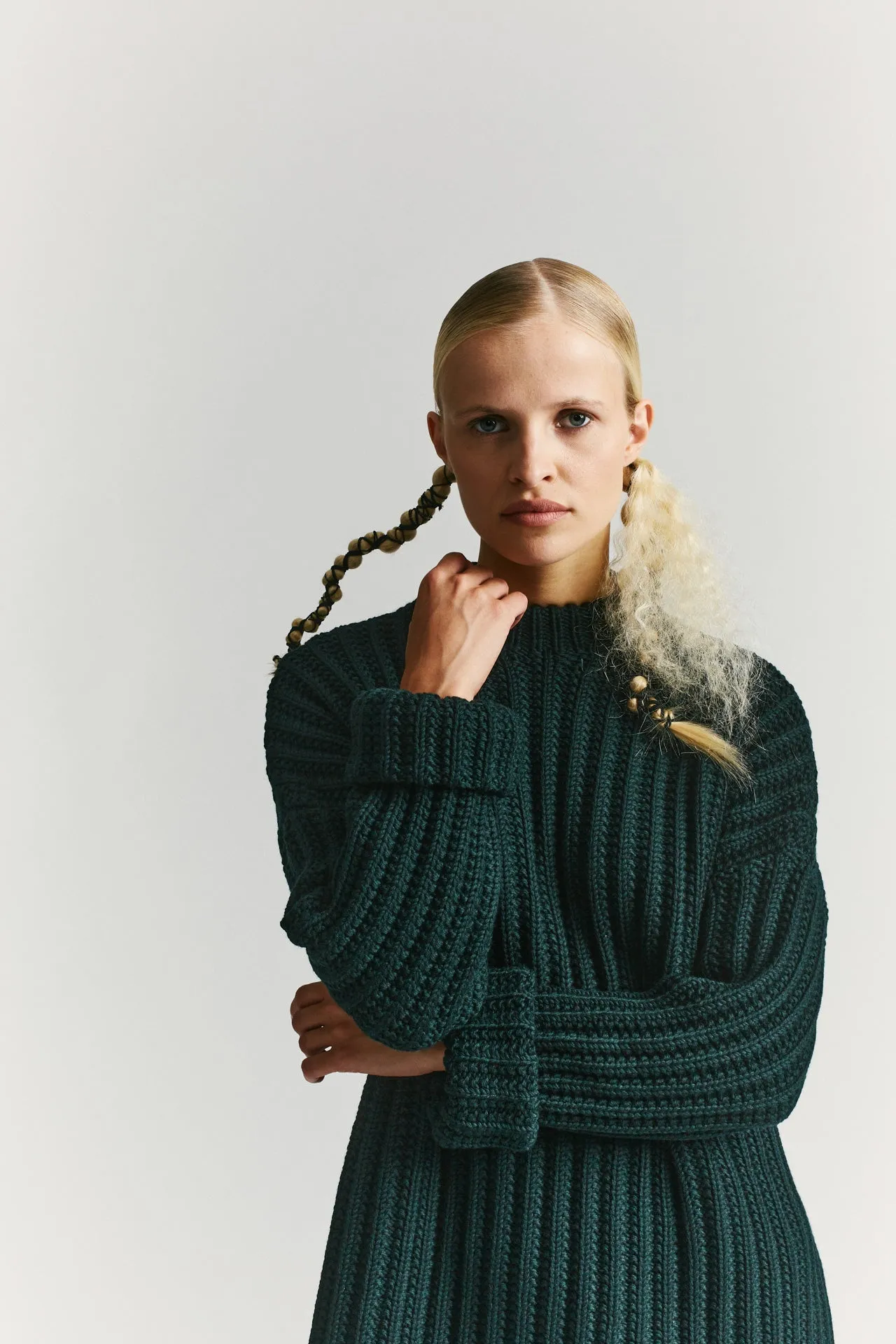 CREW NECK OPEN RIB SWEATER - WOOLY - GREEN